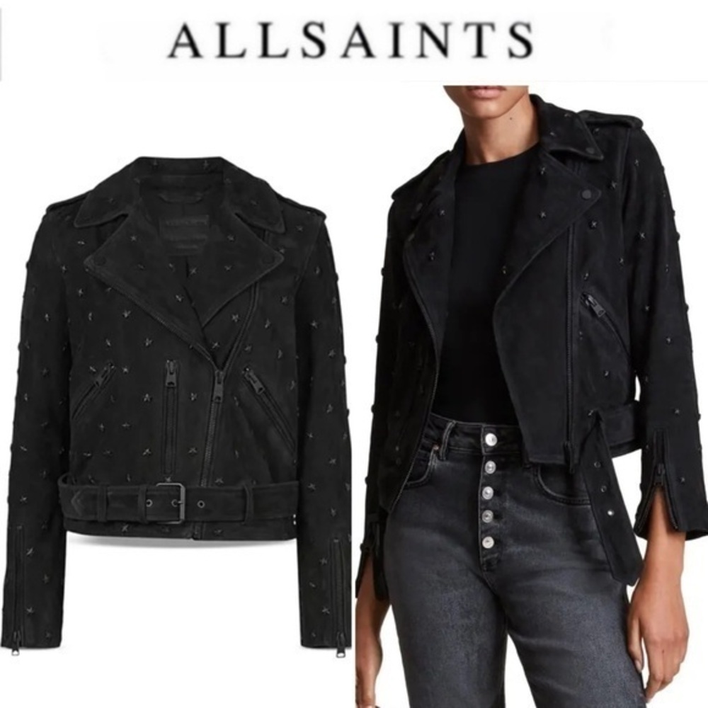 All Saints x Balfern Star Studded Suede Biker Jacket sz US 4 NWT 559$